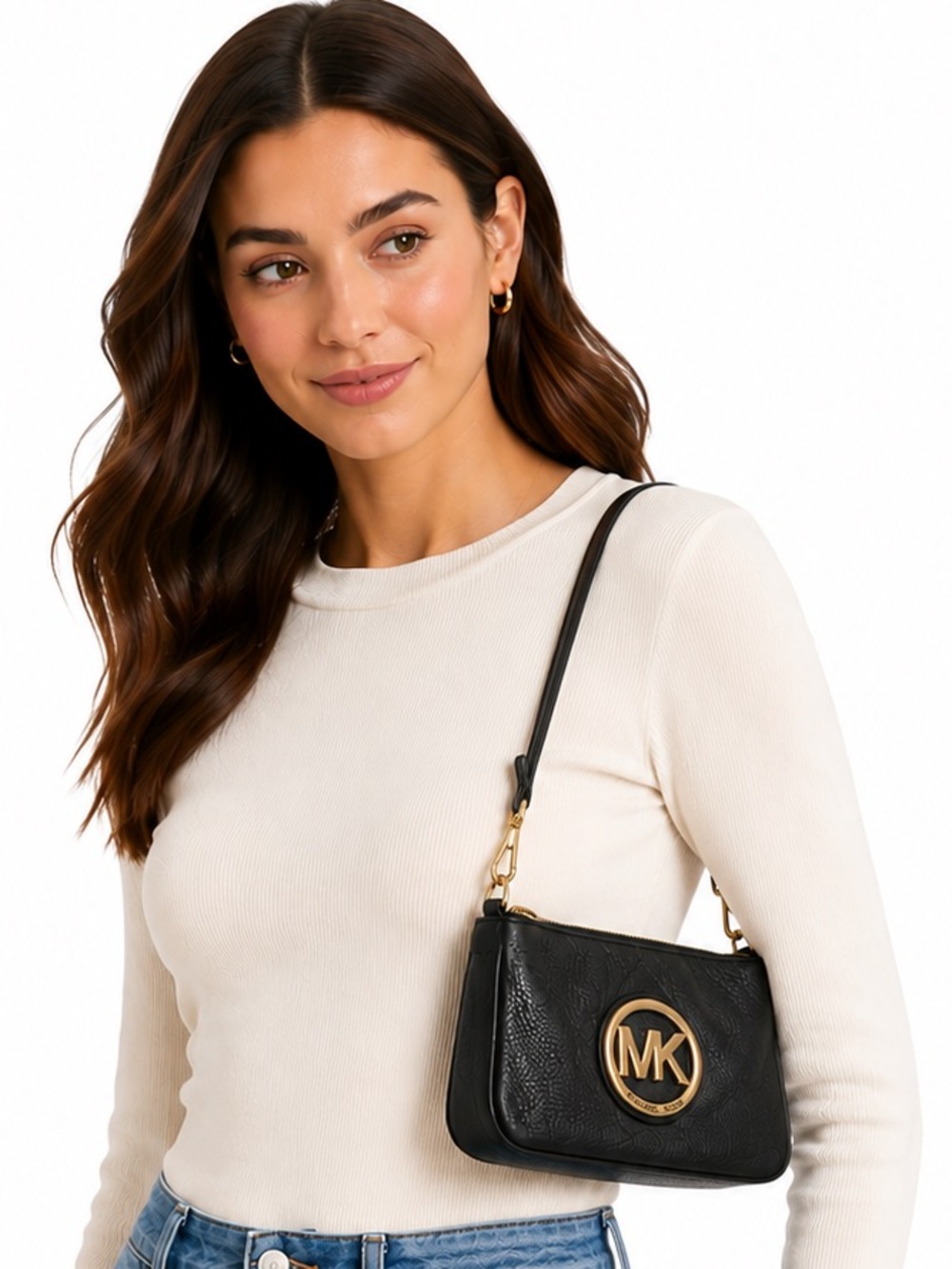 Michael Kors Geniune Leather Fulton Black Wristlet Bag with Gold Logo